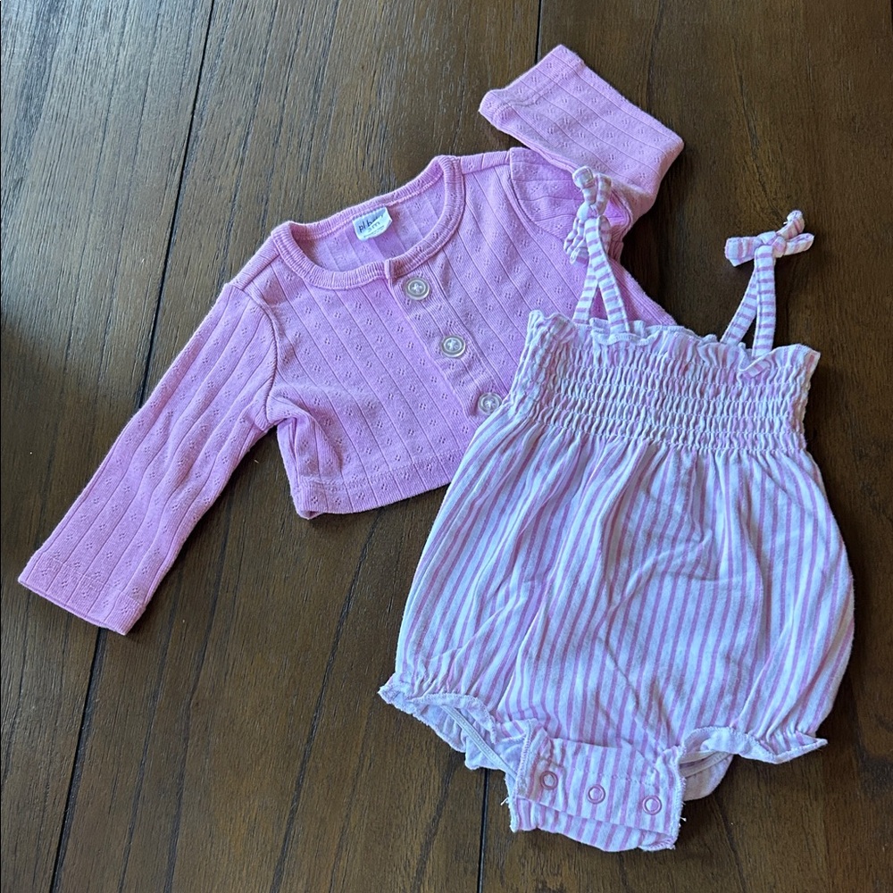pl baby Striped Romper w/ Matching Cardigan